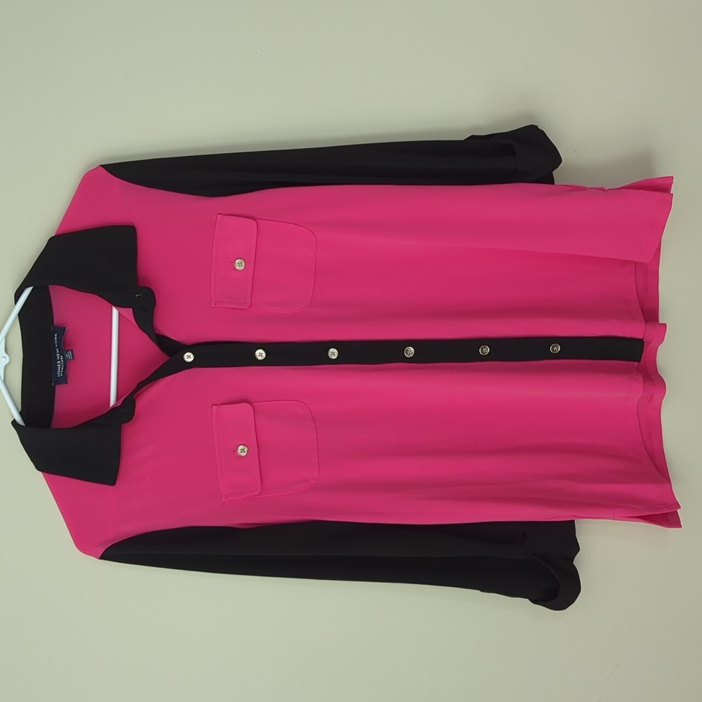 Jones NY Signature Tab Sleeve Button Down Blouse M Black Hot Pink